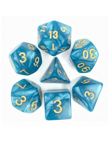 Lot de 7 Dés – Bleu Nacré et Or